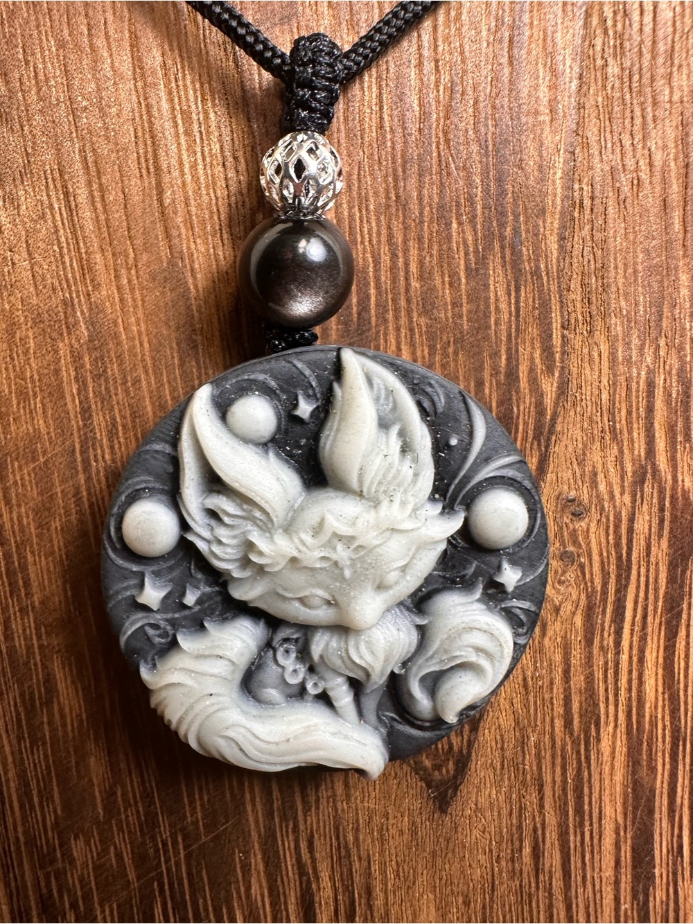 Tai Chi Stone Fox Pendant Necklace on Black Rope - Picture 8 of 14